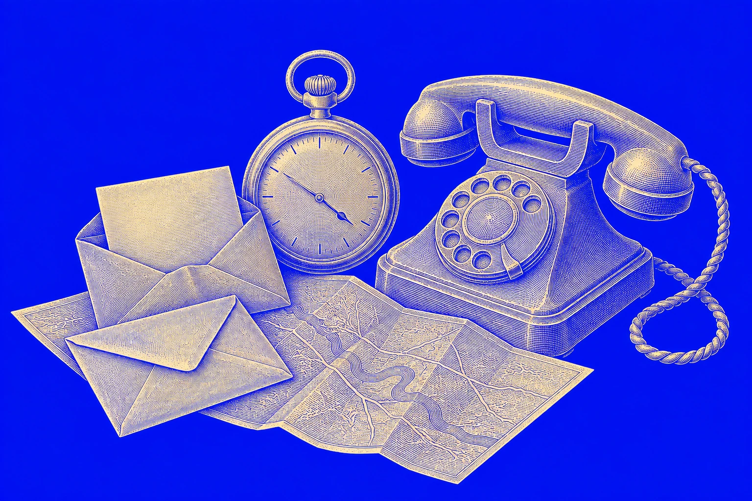 Fine engraving of a pocket watch, letters, a folded map and a rotary telephone