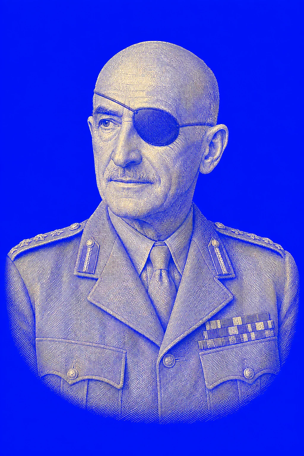 Cream-coloured engraving of Sir Adrian Carton de Wiart with an eye patch and moustache, in a British officer’s uniform