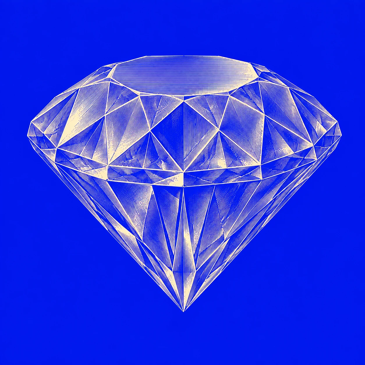 Faceted diamond rendered as a fine cream-coloured engraving on blue