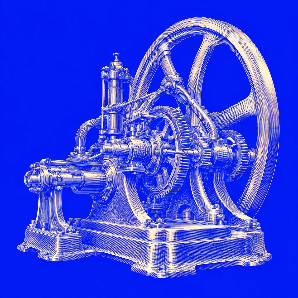 Detailed technical engraving of a flywheel with gears and mechanical shafts